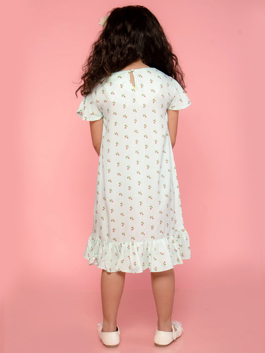 Nancy dress in rose print with lace and hem frill - Green