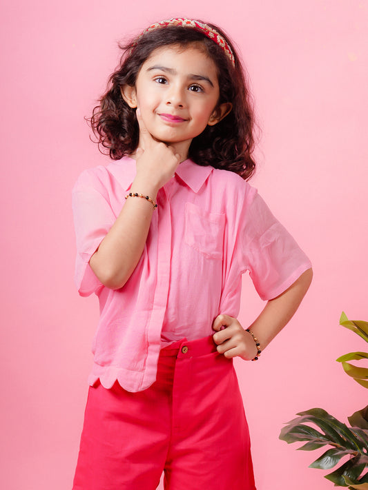 Gardinia Scallop hem georgette shirt with pocket - Pink