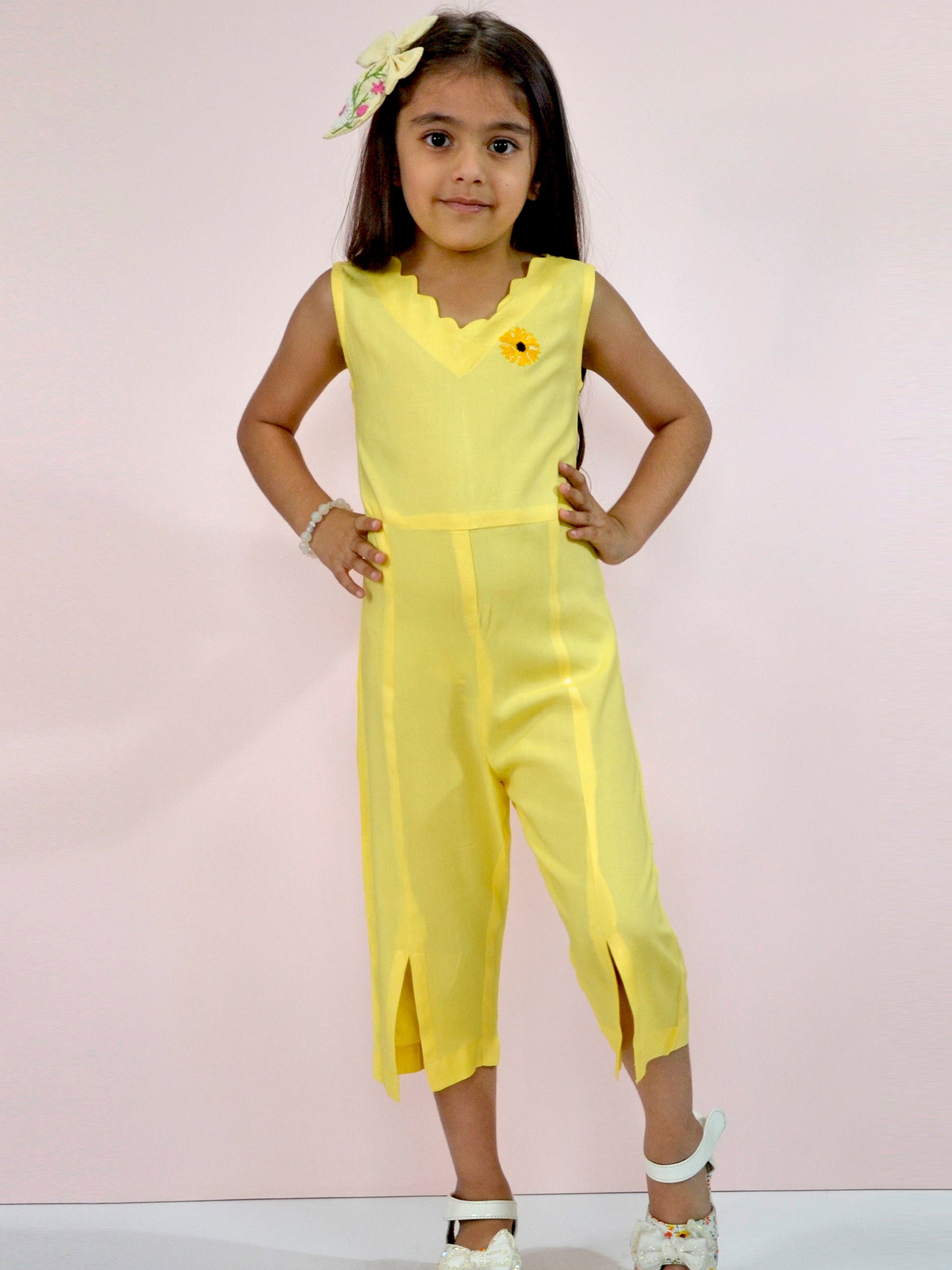 Gardinia Sunflower embroidery sleeveless scallop neck front pleated cotton jumpsuit - Yellow