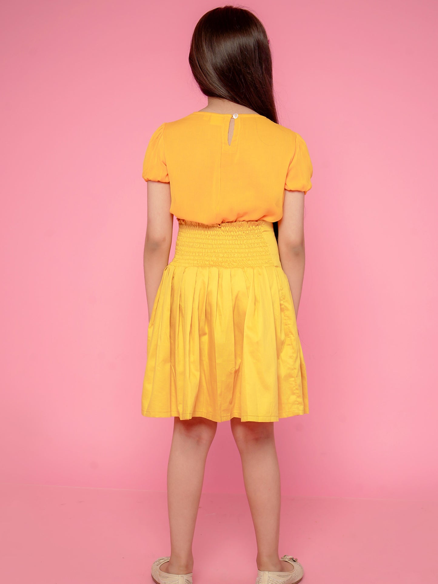 Gardinia high waist buttons pleated cotton dobby skirt - yellow