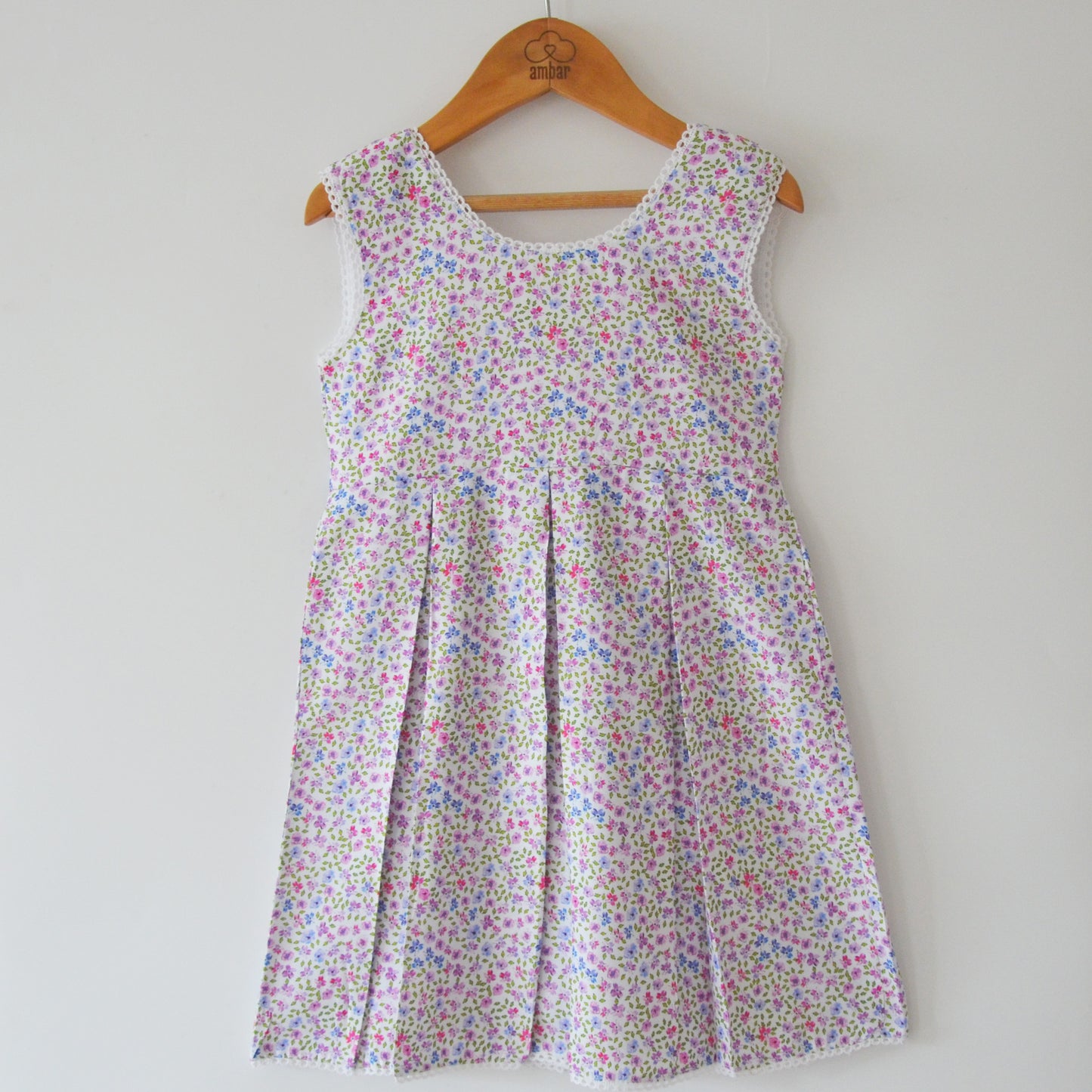 Dorothy dress in purple flowers print with dainty lace - White