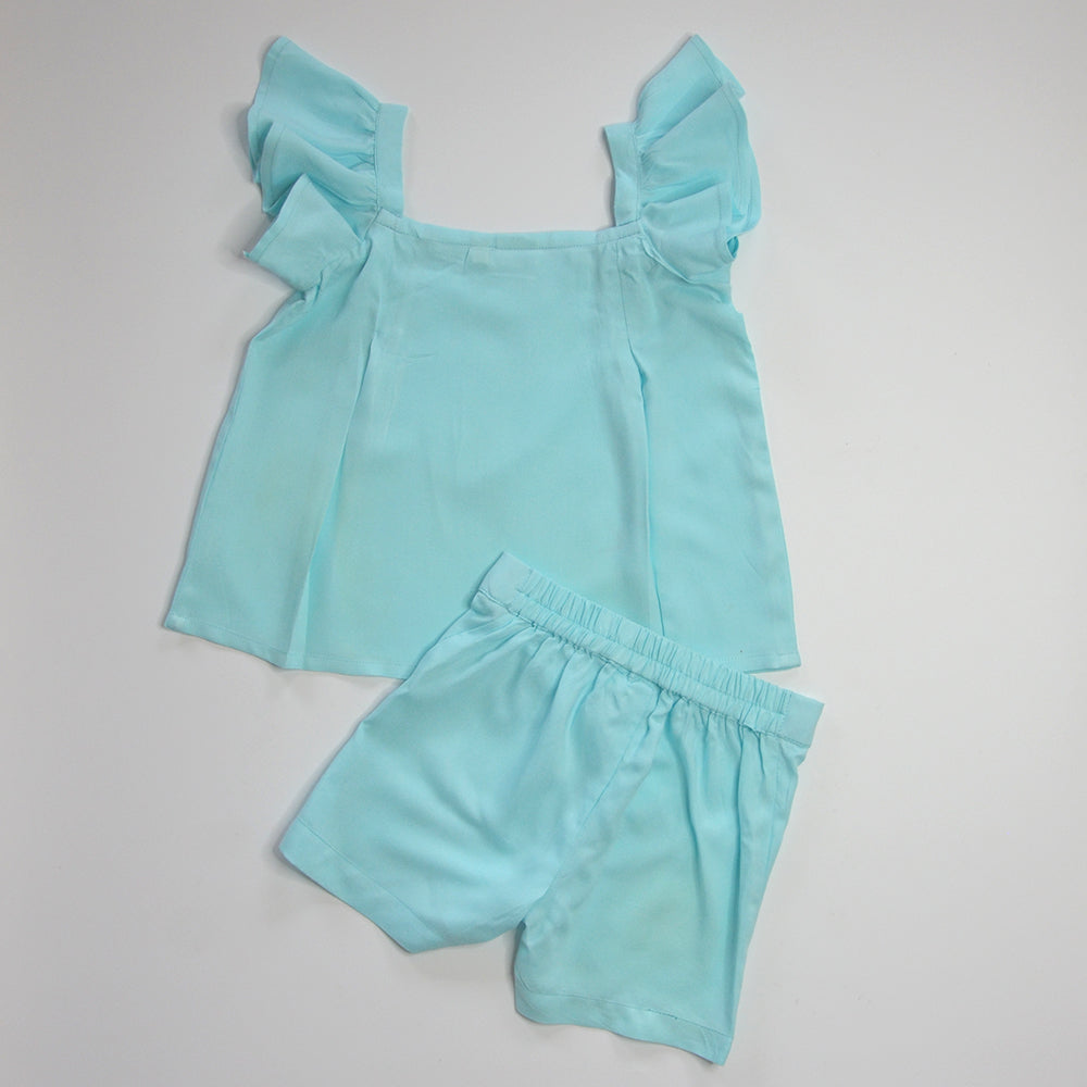 Gardinia Periwinkle bows on ruffle sleeve flared cotton top and shorts - Blue