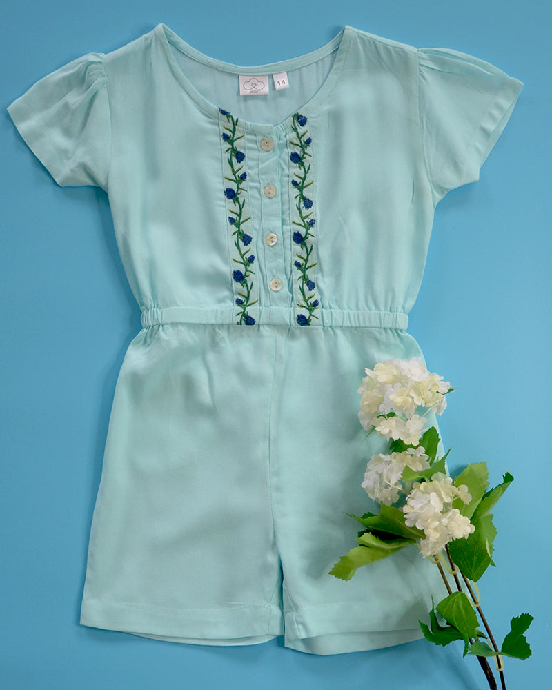Gardinia Bluebell veil embroidery cap sleeve v neck short cotton jumpsuit with buttons - Blue