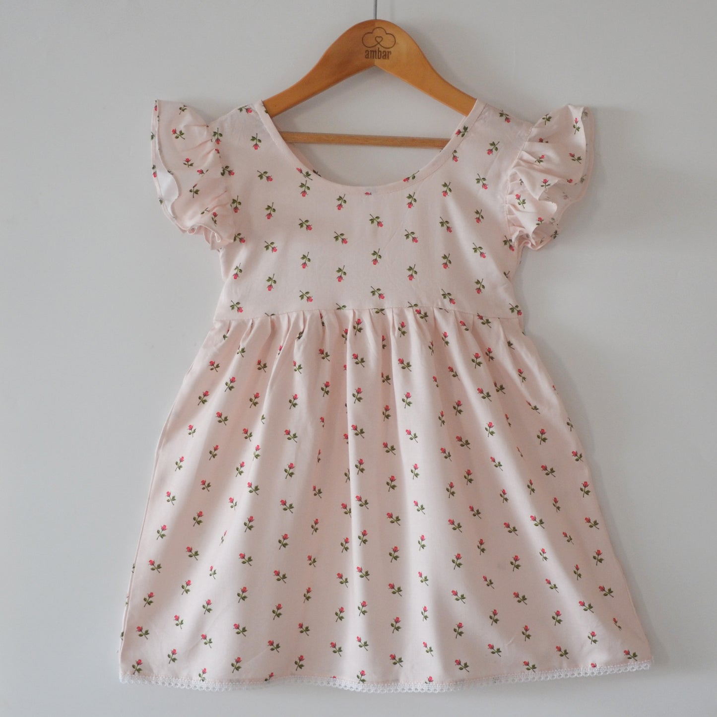 Eloise dress in rose print with hem lace  - Peach
