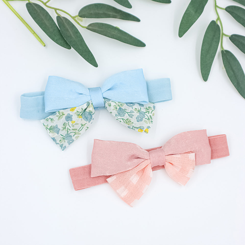 Bow headbands Blue flowers and pink checks set
