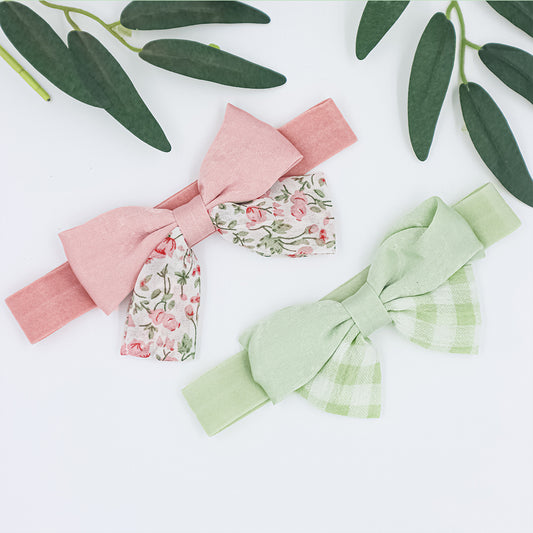 Bow headbands Pink flowers and green checks set