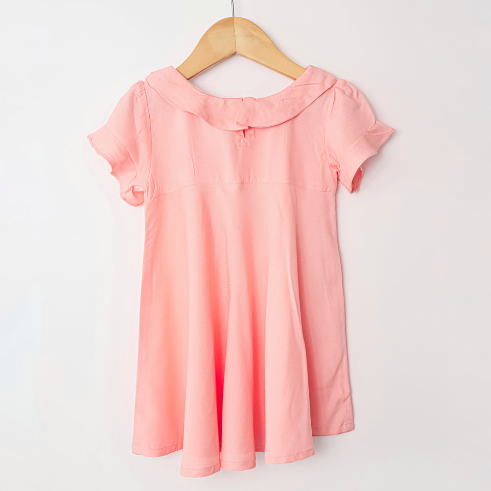 Gardinia Dahlia embroidery puff sleeve boat neck flowy cotton dress with collar - Pink