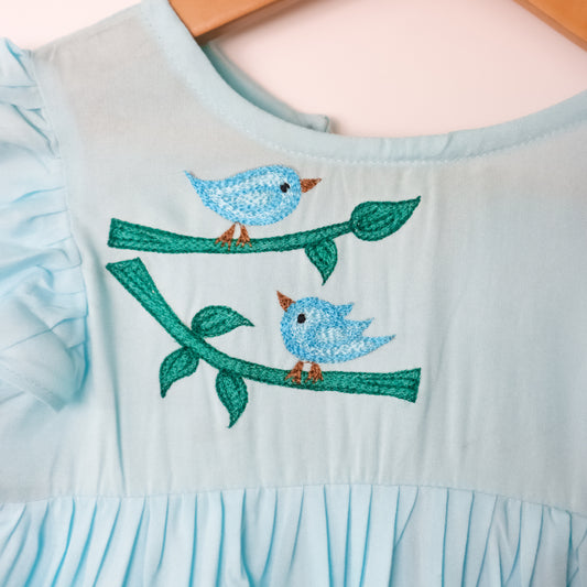 Gardinia Birdies cap sleeve gathered cotton frock dress - Blue