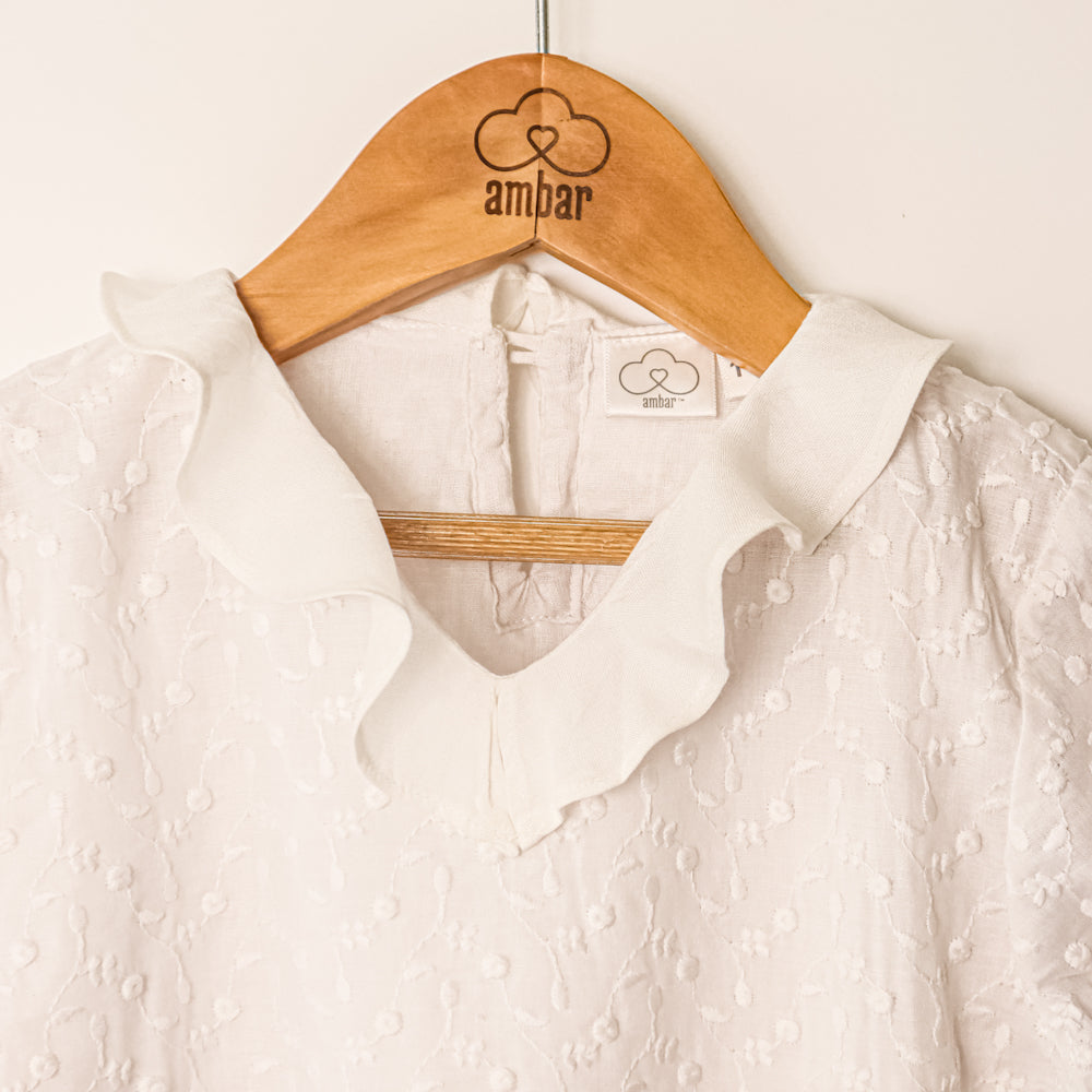 Gardinia Ruffle neck long sleeve cotton embroidery top - White