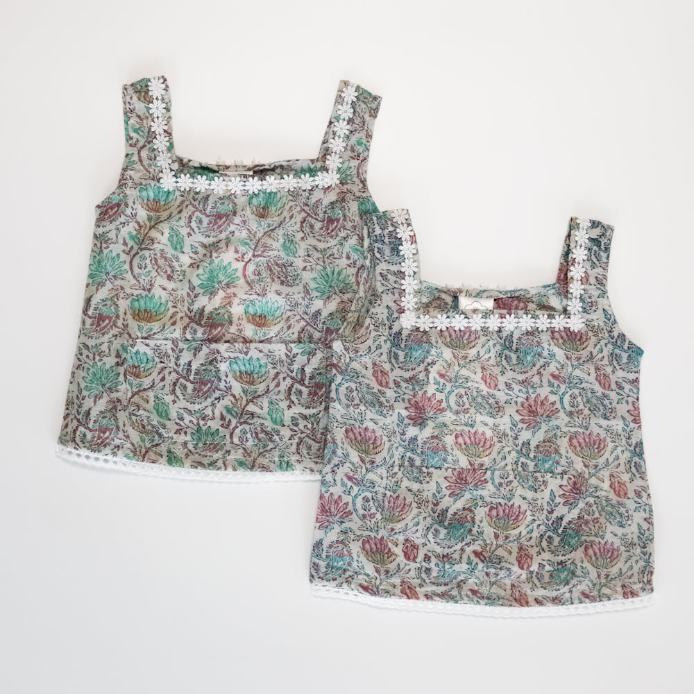 Gardinia Floral Printed mulmul sleeveless crochet lace big front pocket cotton jhabla Set of 2 – Blue and Lilac