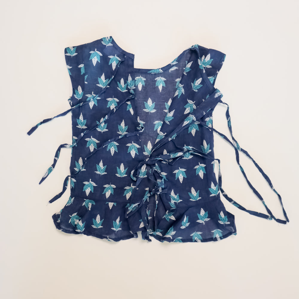 Gardinia Floral Indigo Printed mulmul short sleeve ruffle hem Jhabla with back tie ups - Blue