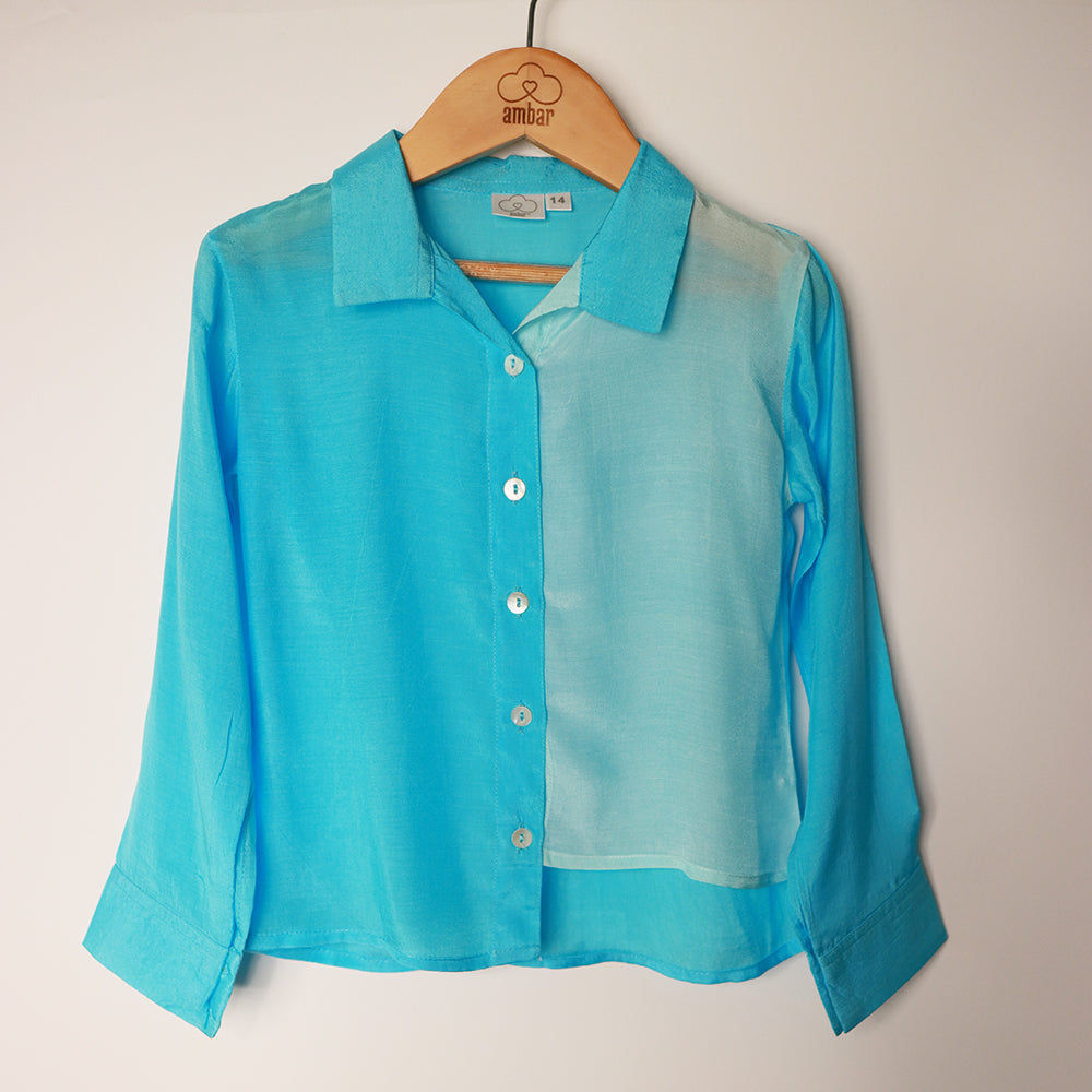 Gardinia Full sleeve dual color asymmetrical hi – low muslin shirt – Blue