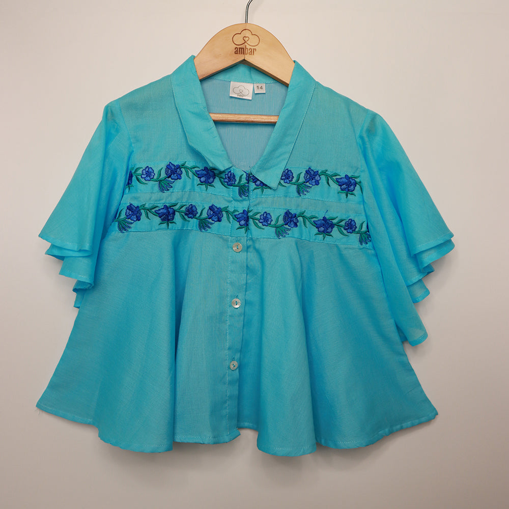 Gardinia Periwinkle veil embroidery flared sleeve and hem cotton mulmul shirt - Blue