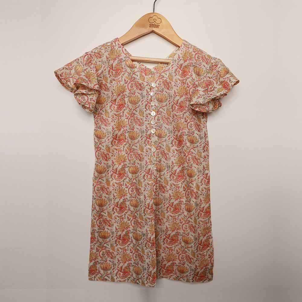 Gardinia Floral Printed mul mul flared cap sleeve with buttons cotton dress - Pink
