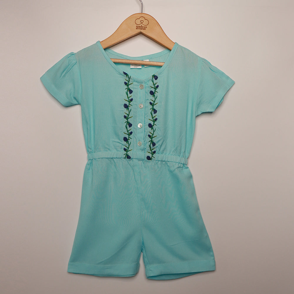 Gardinia Bluebell veil embroidery cap sleeve v neck short cotton jumpsuit with buttons - Blue