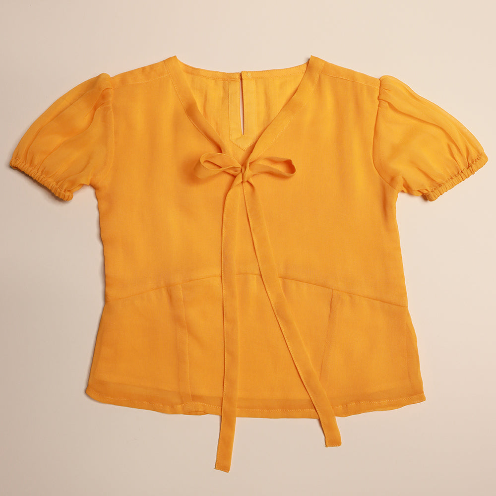 Gardinia puff sleeve v neck georgette top with neck bow - Yellow