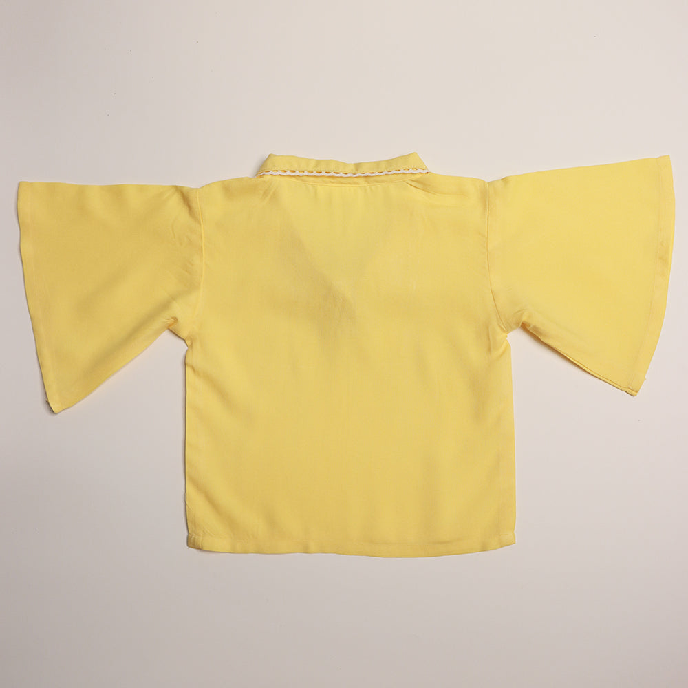 Gardinia Sunflower embroidery lace hem wide sleeve cotton short shirt - Yellow