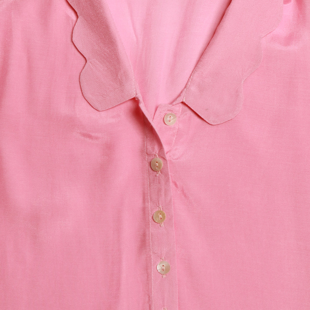 Gardinia Cherry blossom embroidery scallop collar and sleeve cotton muslin shirt - pink