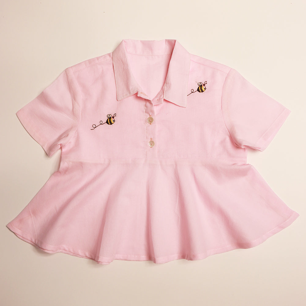 Gardinia Bee embroidery flared cotton mulmul shirt - Pink