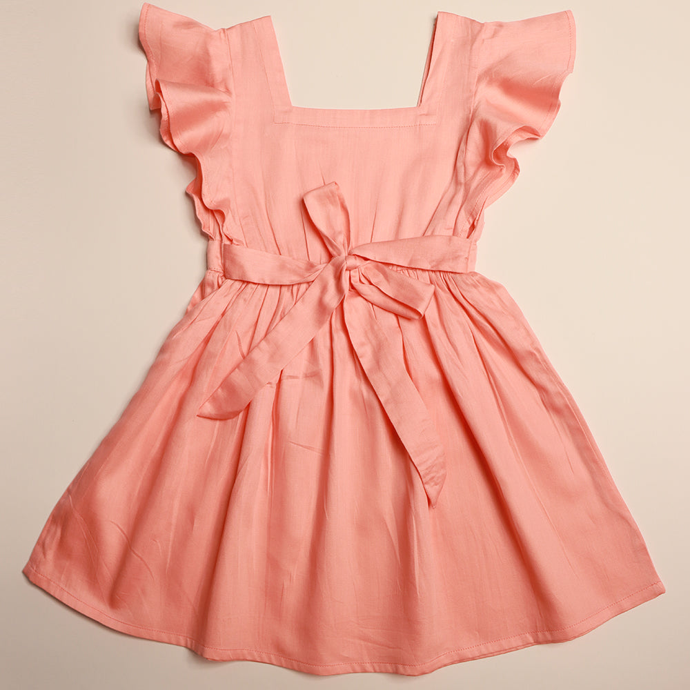 Gardinia Dainty embroidery ruffle sleeve gathered cotton satin dress with bow - Pink