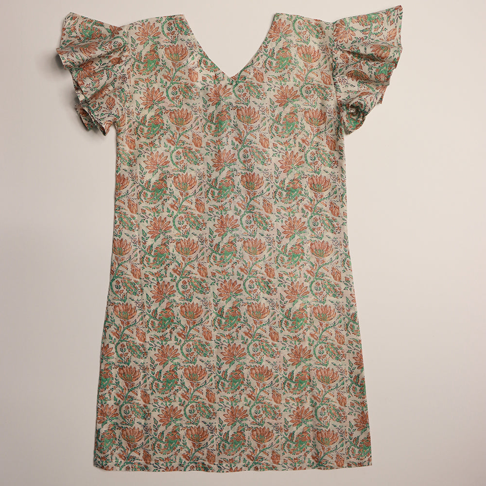 Gardinia Floral Printed mul mul flared cap sleeve with buttons cotton dress - Green