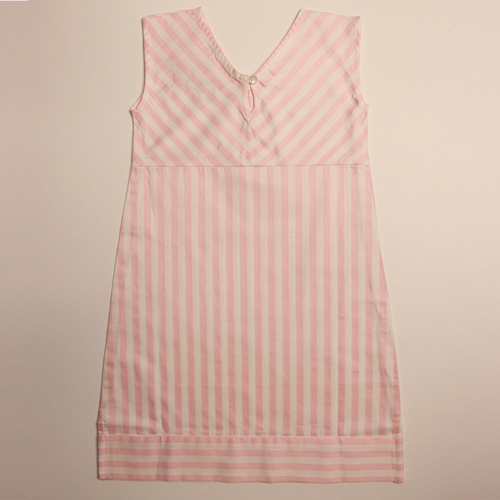 Gardinia Ant embroidery striped A line sleeveless cotton dress - pink