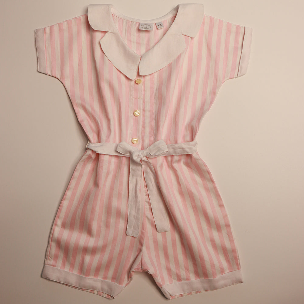 Gardinia Stripes drop sleeves white collar cotton jumpsuit with tie up belt – Pink