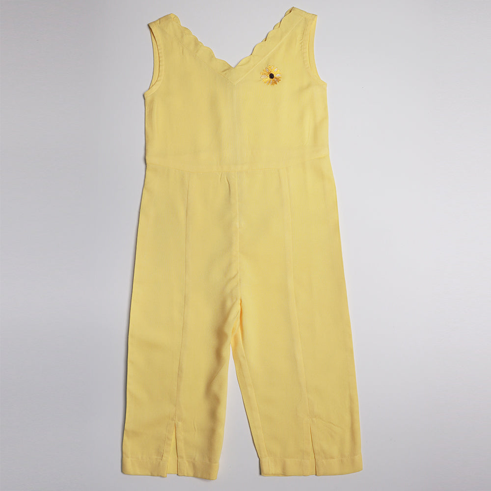 Gardinia Sunflower embroidery sleeveless scallop neck front pleated cotton jumpsuit - Yellow
