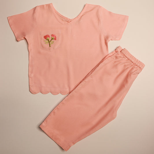 Gardinia Carnation embroidery flowy cotton Pyjama set - Pink