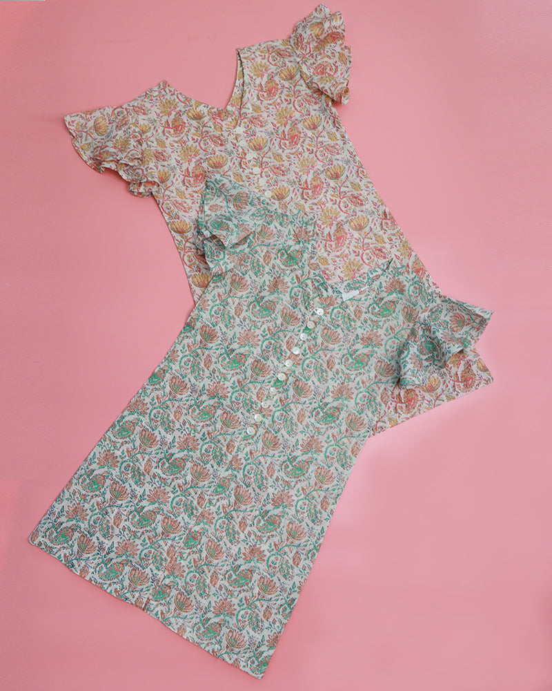 Gardinia Floral Printed mul mul flared cap sleeve with buttons cotton dress - Pink