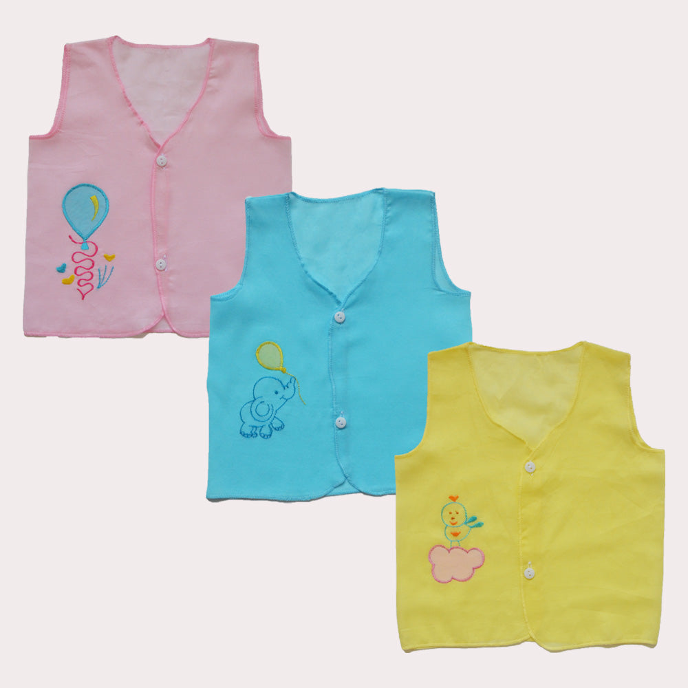 Picot finish Infants Jhabla set of 3 - Pink Balloon, Blue elephant and Yellow birdie