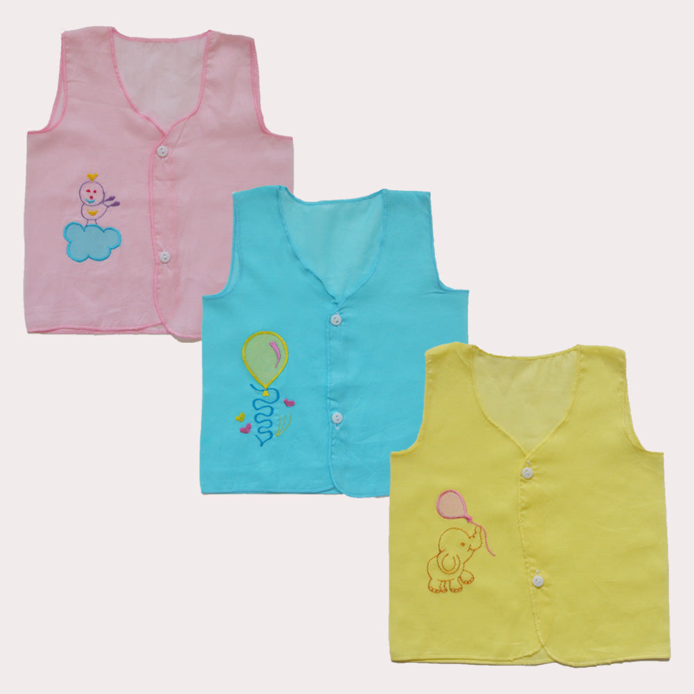 Picot finish Infants Jhabla set of 3 - Pink Birdie, Blue Balloon, Yellow Elephant