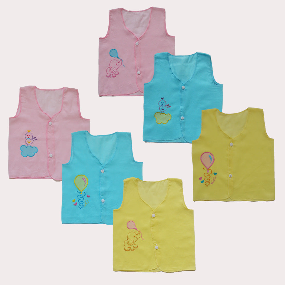 Picot finish Infants Jhabla set of 6 - Pink elephant, Blue birdie, Yellow balloon, Pink Birdie, Blue balloon, Yellow elephant