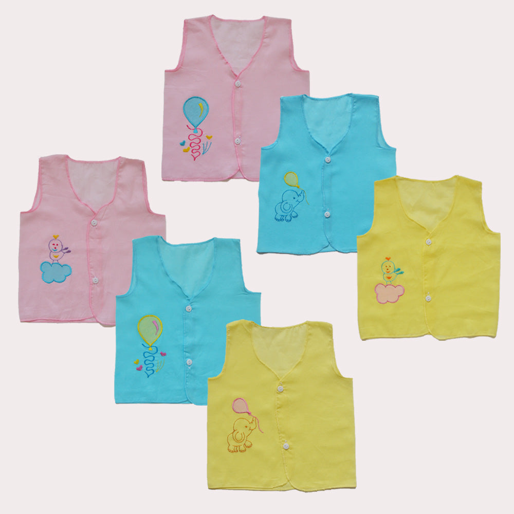 Picot finish Infants Jhabla set of 6 - Pink balloon, Blue elephant, Yellow birdie, Pink birdie, Blue balloon, Yellow elephant